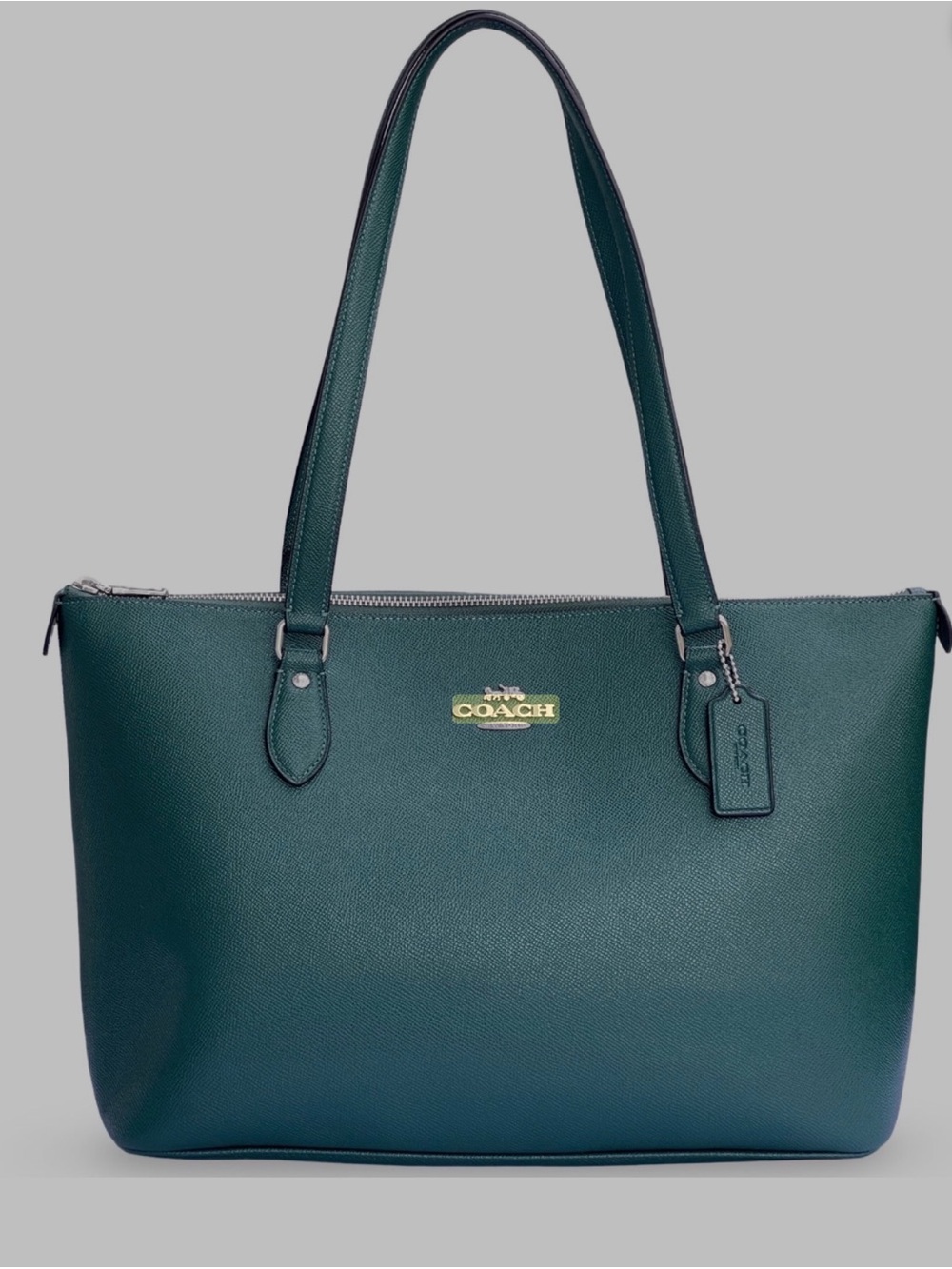 Coach Dark Emerald Green Leather Shoulder Tote with Gold Logo